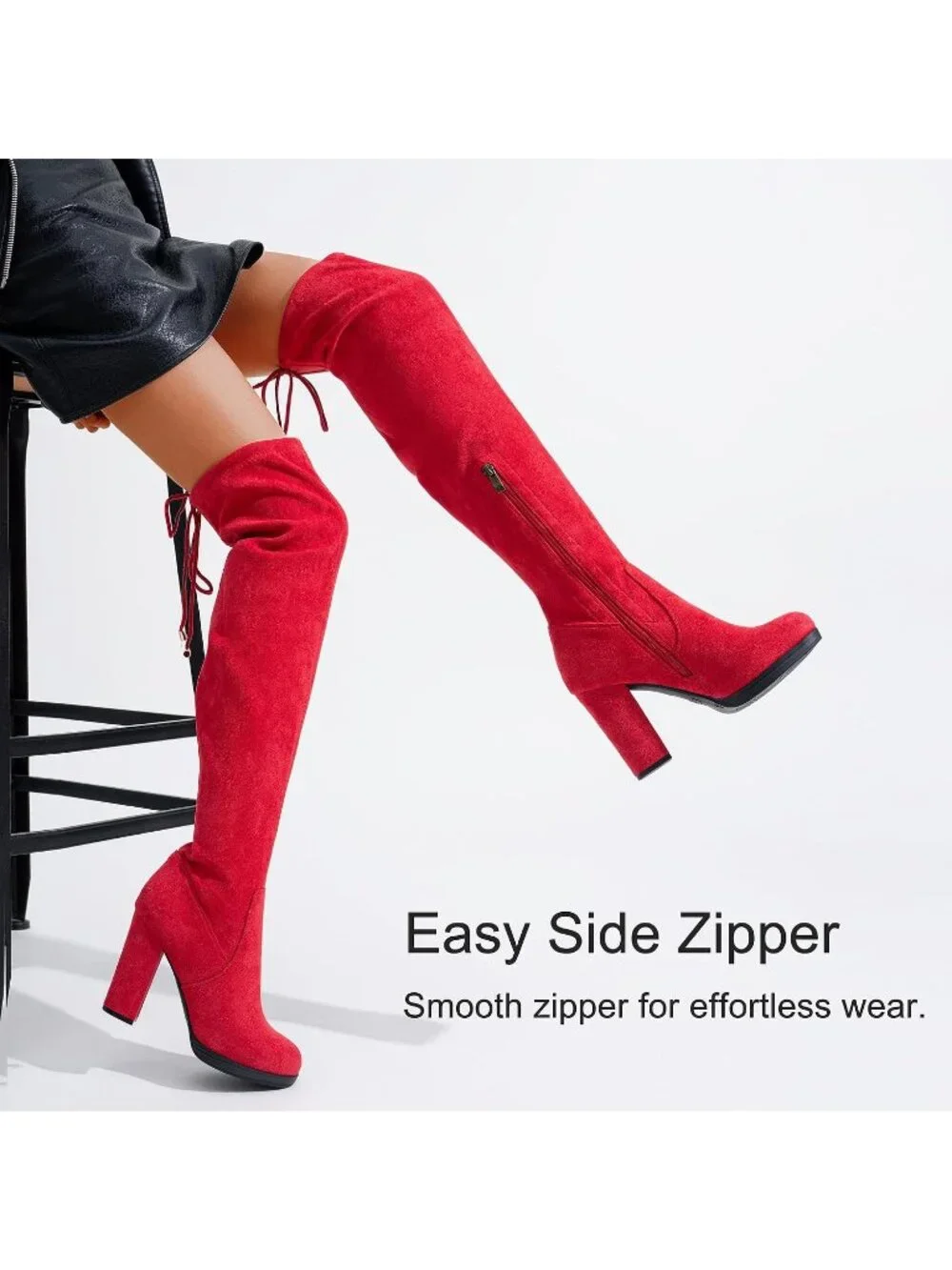 Women's Red Block Heel Round Toe Faux Suede Over The Knee Thigh High Boots